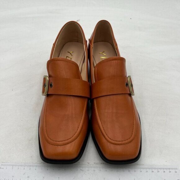 YDN Brown Square Toe Loafers Slip on Block Low Heel Pump Buckle Formal Wear Shoe - Picture 3 of 8